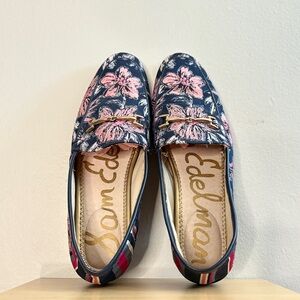 Sam Edelman Navy and Pink Floral Loafers with Gold Hardware